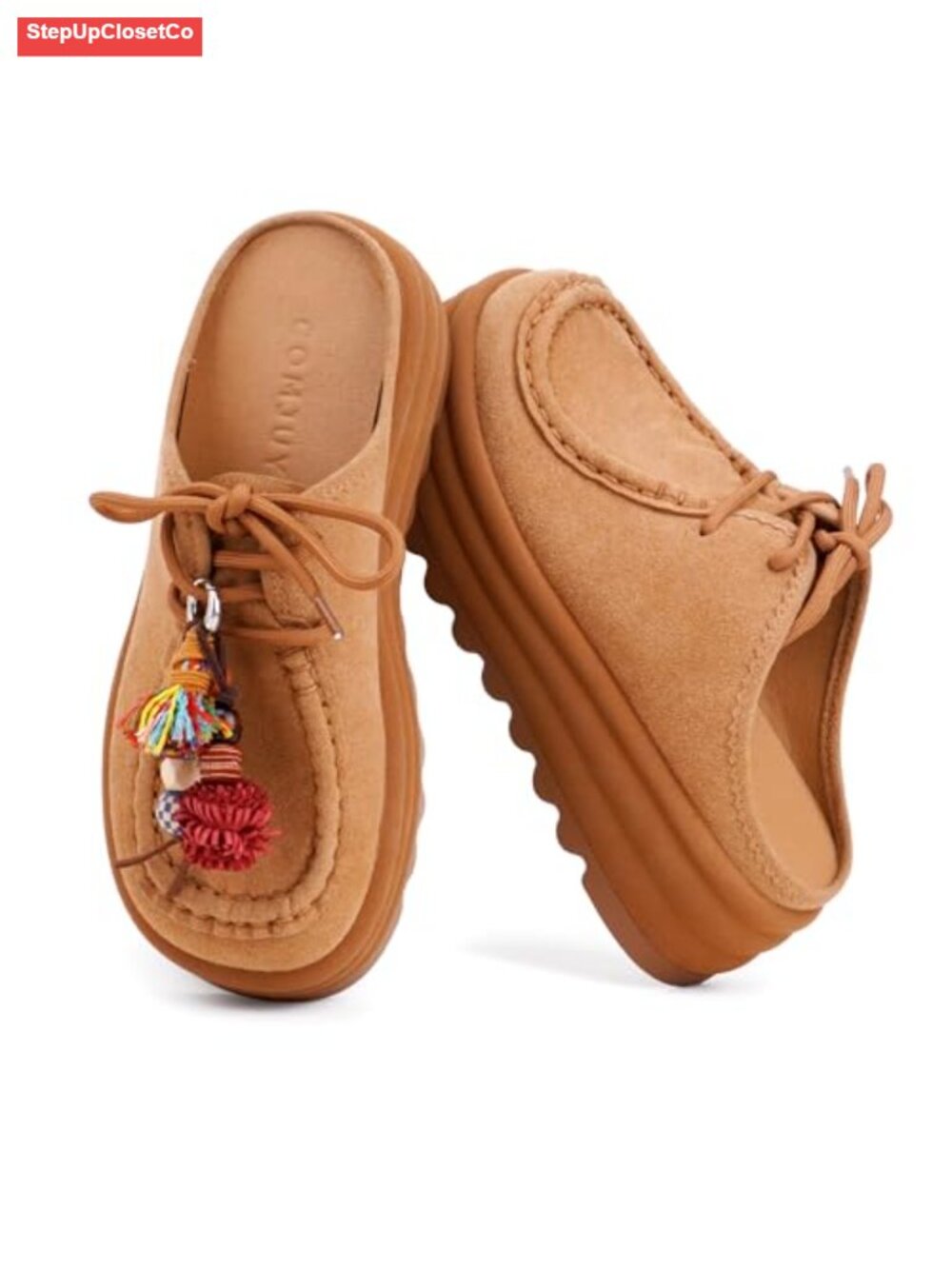 Genuine Suede Platform Mules Slip On Clogs Memory Foam Boho Charm Women